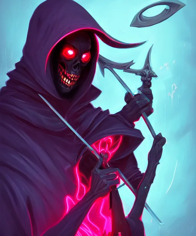Prompt: a portrait of a hooded neon grimm reaper holding a single scythe, fantasy, elegant, digital painting, artstation, concept art, matte, sharp focus, illustration, art by josan gonzalez