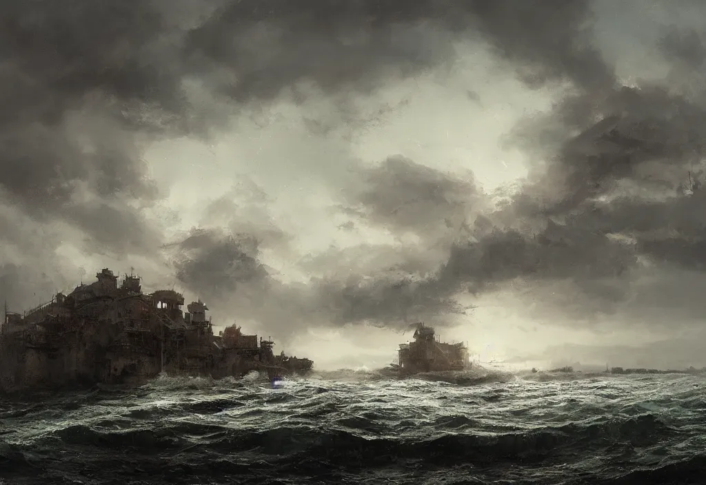 Prompt: a large stronghold plunging into the sea, artstation, jakub rozalski, high detail, dramatic lighting, night, rain