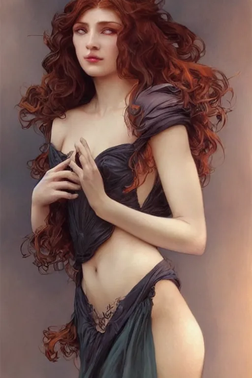 Image similar to a beautiful woman with auburn, fantasy, intricate, elegant, dramatic lighting, beautiful woman, gorgeous face, black gown, highly detailed, lifelike, photorealistic, digital painting, artstation, illustration, concept art, smooth, sharp focus, art by John Collier and Albert Aublet and Krenz Cushart and Artem Demura and Alphonse Mucha