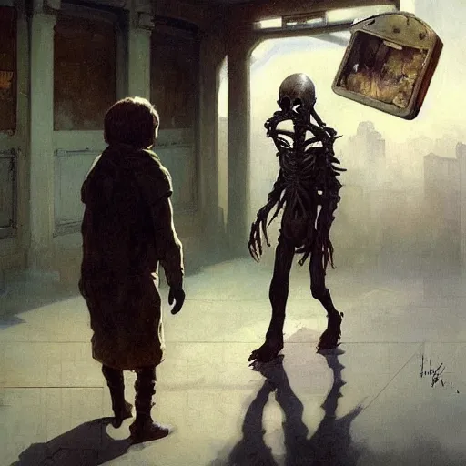 Image similar to an humanoid strange creature from carpenter the thing and alien and gremlins is walking in a street with a icecream, painting by gustave courbet and greg rutkowski, peter mohrbacher, joseph christian leyendecker, studio ghibli, nice afternoon lighting, smooth tiny details, soft and clear shadows, low contrast, perfect