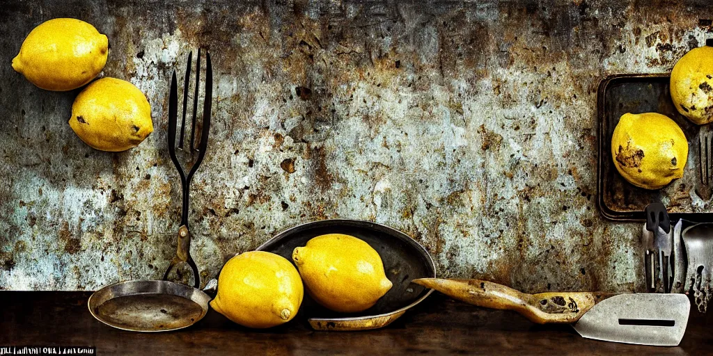 Prompt: decaying rotting lemons, moldy, on an antique distressed table top, metal kitchen utensils, old kitchen backdrop, dark kitchen, style by peter lippmann, intricate detail,