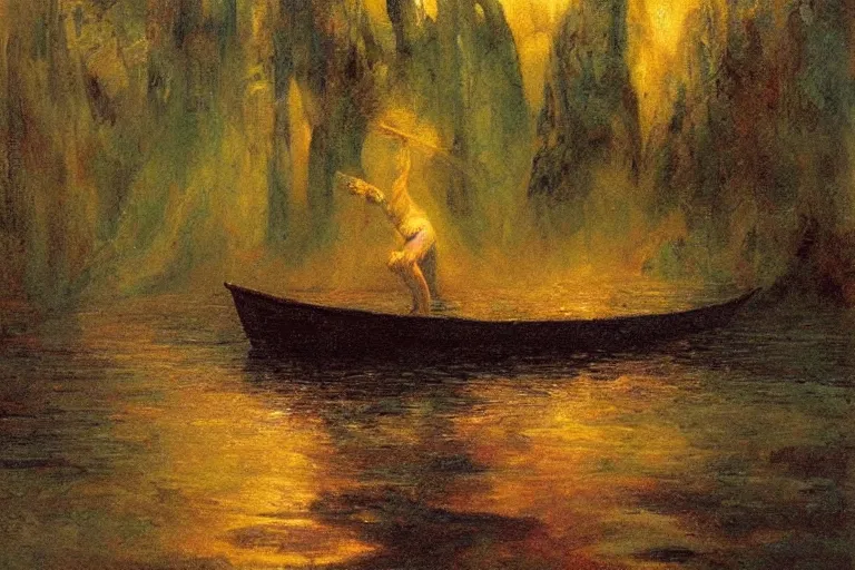 Image similar to illustration of a black river in the astral plane with black oozing arms reaching out of the water. a man on a boat paddles down the river. art by gaston bussiere.