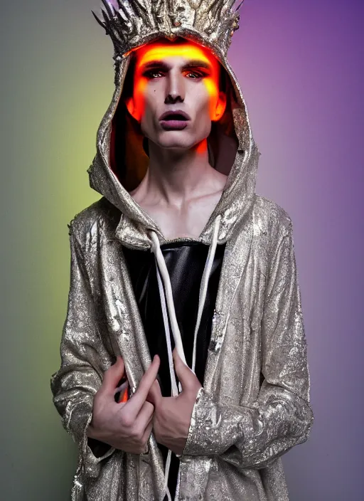 Prompt: photo of baroque and bladerunner delicate neon diamond sculpture of ceramic albino king adrien sahores seductive delicious tongue out, creamy orange iridescent humanoid deity wearing white fluffy hoody holding diamond skull in a black metallic dungeon, reclining, glowing rainbow face, crown of white diamonds, cinematic lighting, photorealistic, octane render 8 k depth of field 3 d