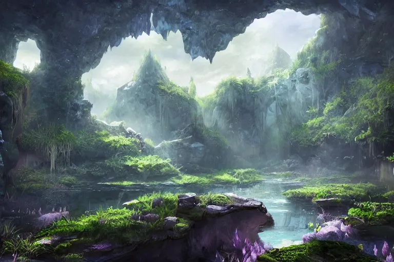 Image similar to beautiful stunning painting of a deep mysterious rocky varied cave landscape filled with large magic glowing clear crystals and filled with some ((plants)) and a small reflective pond, fantasy, digital art, realism, unreal engine, sharp, detailed, trending on artstation