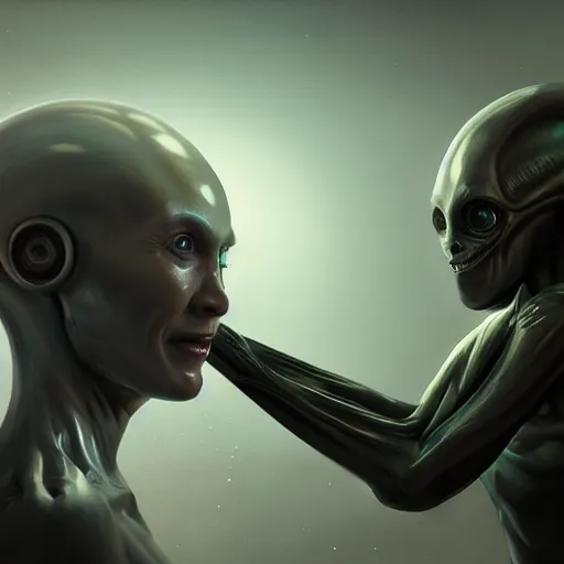 Image similar to a hyper real comic book style portait painting of the first contact between alien and human, unreal 5, hyperrealistic, octane render, cosplay, rpg portrait, dynamic lighting