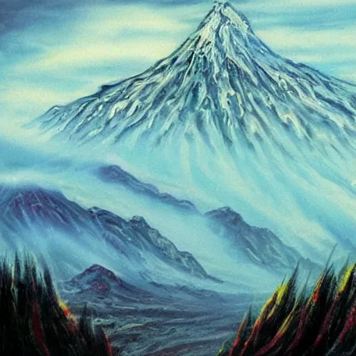 Prompt: mordor from the lord of the rings, painting by bob ross