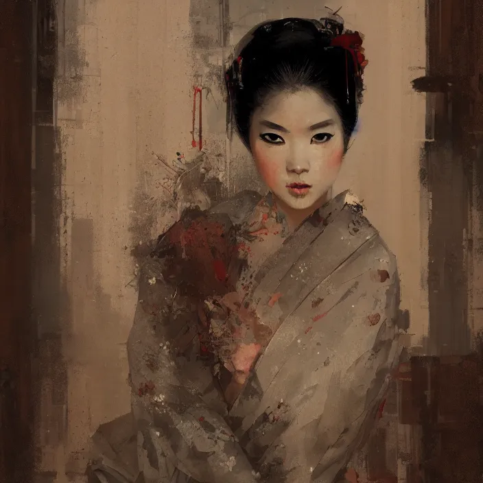 Image similar to female geisha girl, beautiful face, rule of thirds, intricate outfit, spotlight, by greg rutkowski, by jeremy mann, digital painting