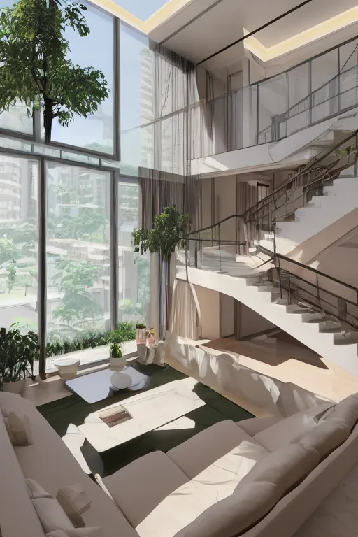 Prompt: isometric interior of luxury condominium with minimalist furniture and lush house plants | modern architecture by makoto shinkai, ilya kuvshinov, lois van baarle, rossdraws and frank lloyd wright