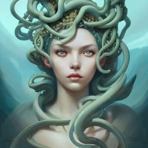 Image similar to a beautiful portrait of medusa, concept art by pete mohrbacher and guweiz and ilya kuvshinov, digital art, highly detailed, intricate, sharp focus, trending on artstation hq, deviantart, unreal engine 5, 4 k uhd image