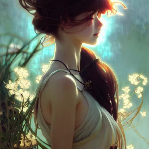 Image similar to anime girl, fantasy, intricate, elegant, dramatic lighting, emotionally evoking symbolic metaphor, highly detailed, lifelike, photorealistic, digital painting, artstation, concept art, smooth, sharp focus, illustration, art by John Collier and Albert Aublet and Krenz Cushart and Artem Demura and Alphonse Mucha