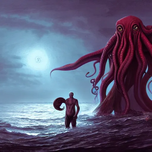 Image similar to Cthulhu emerging from the water while a man stands on the shore watching at night by Marc Simonetti