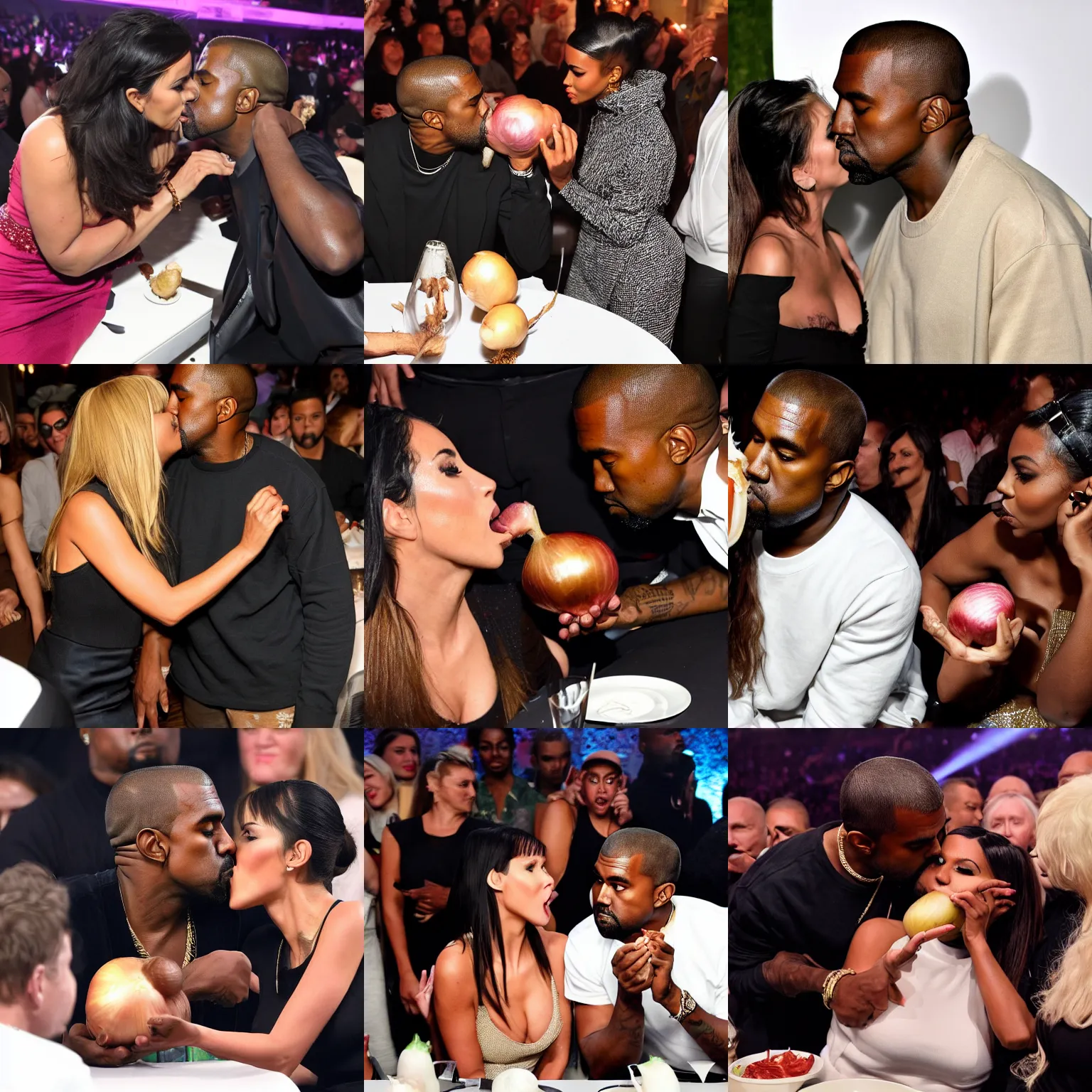 Prompt: Kanye West kissing an onion while the women in the room look on angrily