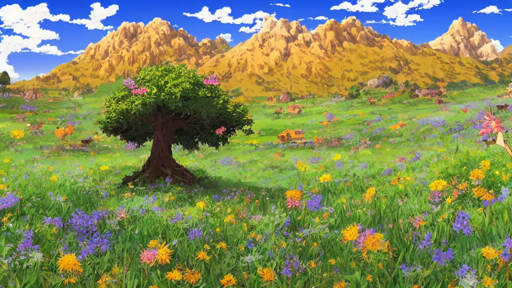 Image similar to fantastic anime sunny meadow with flowers, lone old Oak in the middle plane and mountains on the background, by Hayao Miyazaki, nausicaa of the valley of the wind, studio Ghibli style, Anime wallpaper, stunning