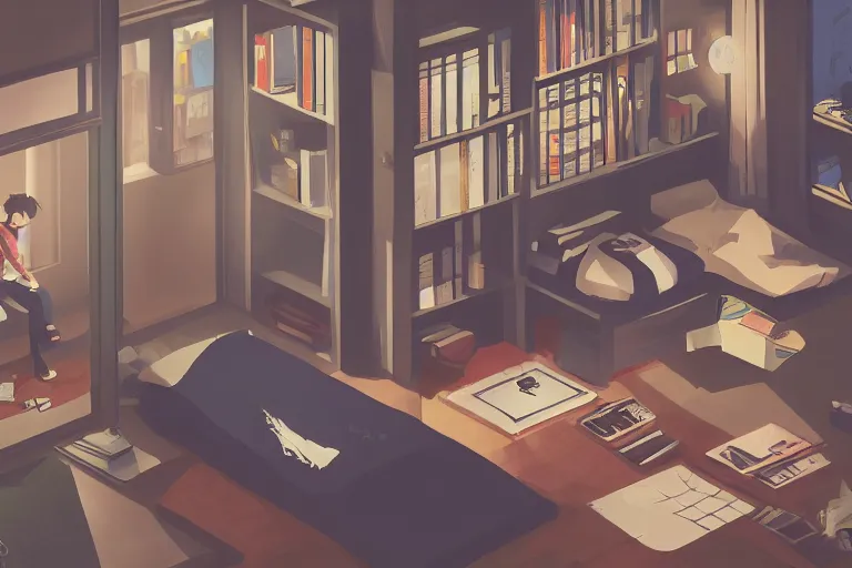 Prompt: a room of a japanese young man, bookshelves, cd, tiny, clean and tidy, small balcony, tatami, warm, cozy, isometric art, bright, artstation, highly detailed, cinematic lighting + masterpiece, life is strange, illustration