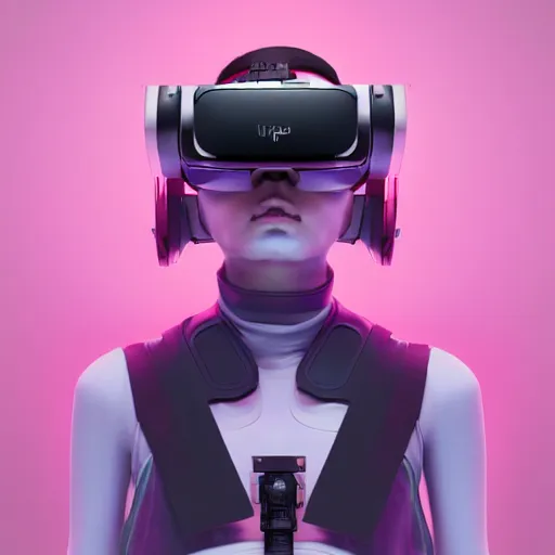 Image similar to intense futuristic bespoke vr headset respirator on a set of twin ninja hypebeasts, by ilya kuvshinov and james jean and sorayama and ikeuchi and hiroya oku and gilleard james, artstation trending, 8 k, 3 d render, photorealistic, volumetric lighting caustics, pink