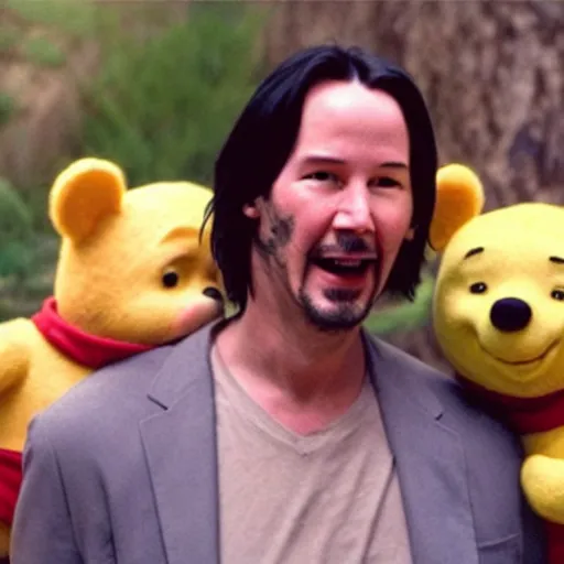 Image similar to A still of Keanu Reeves as Winnie the Pooh