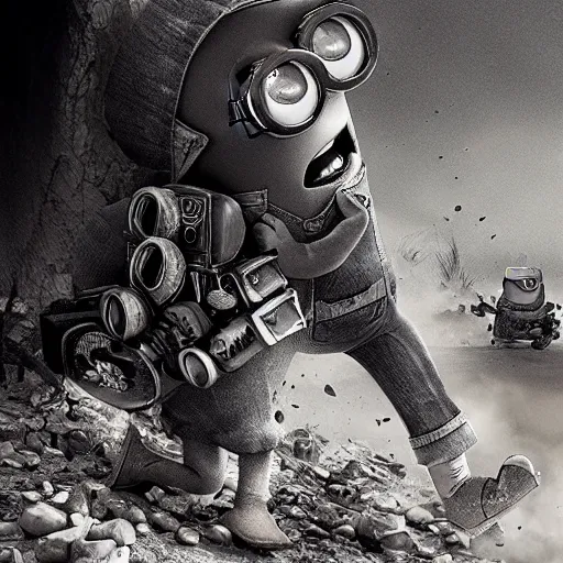 Prompt: Minion, George Miller, Photorealistic, Hyper detailed, desert, post apocalyptic, angry, crazy, wild, fire, dust, black and white