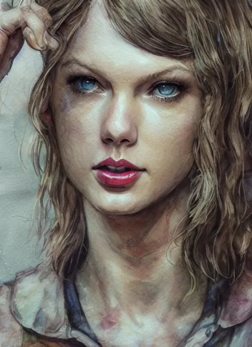 Image similar to portrait, Taylor Swift in the Last of Us universe, watercolor, dramatic lighting, cinematic, establishing shot, extremely high detail, foto realistic, cinematic lighting, pen and ink, intricate line drawings, by Yoshitaka Amano, Ruan Jia, Kentaro Miura, Artgerm, post processed, concept art, artstation, matte painting, style by eddie mendoza, raphael lacoste, alex ross