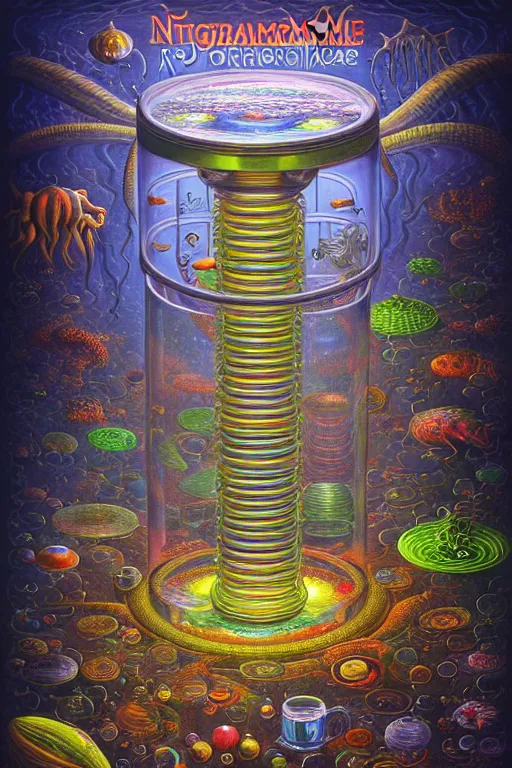 Prompt: a photorealistic painting of the transparent glass isometric nightmare machine with different chambers containing different lifeforms, chimeric creatures, clear 3 d liquid, elements by johfra bosschart, lisa frank, dark fantasy art, high detail, trending on artstation