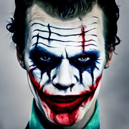 Prompt: Bill Skarsgard With scary face paint inspired by the joker hyper realistic 4K quality