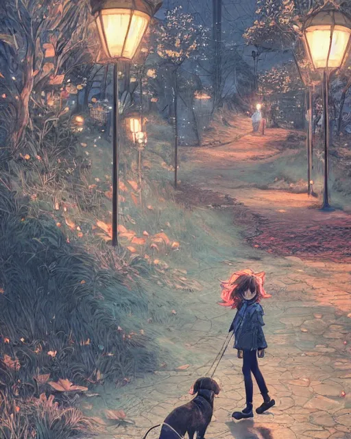 Image similar to a girl walking her small dog at the park, full shot, ambient lighting, detailed face, art by ayami kojima, makoto shinkai, kilian eng