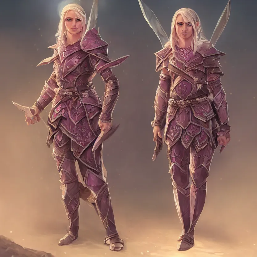 Image similar to beautiful well built pink short haired half elf woman healer wearing cleric armor and holding a shield, dungeons and dragons, character portrait, character design, full rendered illustration, 4 k, 8 k, hyper detailed, back lighting, cinematic lighting, intrinsic detail