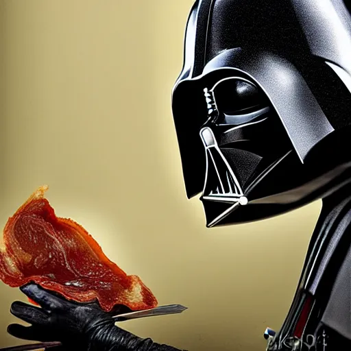 Image similar to darth vader putting stips of bacon on his helmet, digital art, photorealistic, hyperdetailed