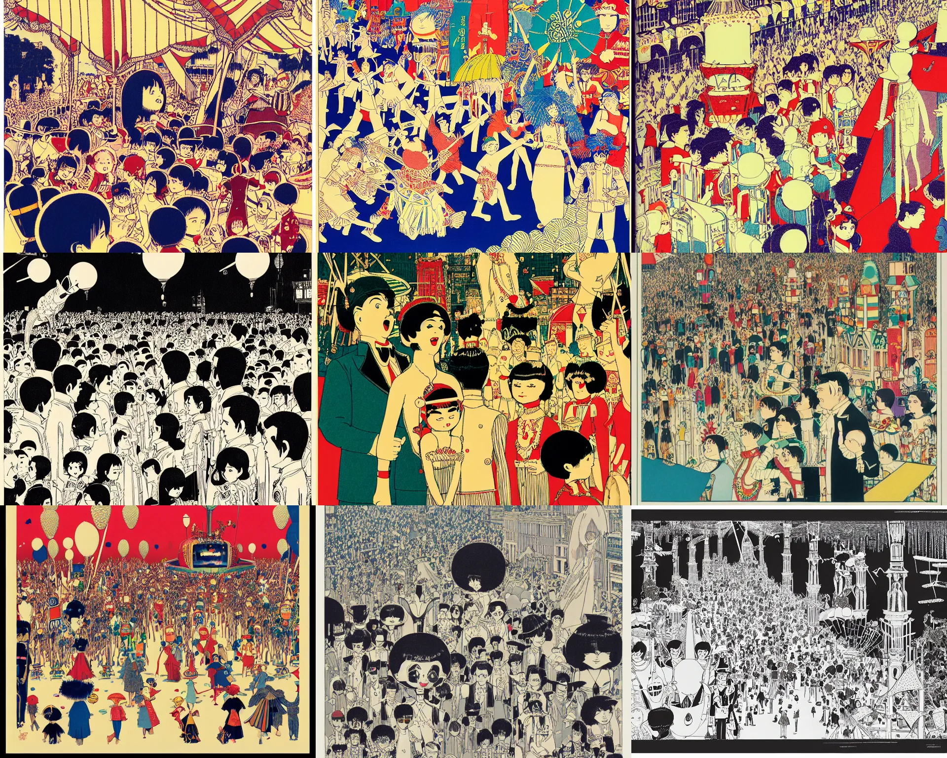 Prompt: a carnival parade by winsor mccay and takato yomamoto and ilya kuvshinov, risograph, print