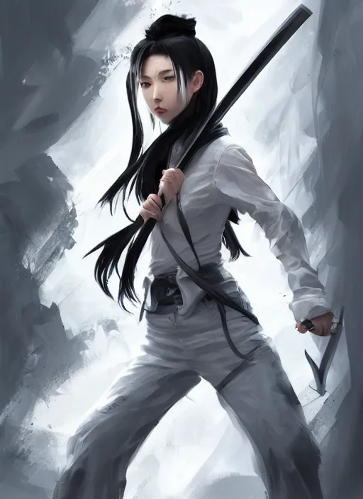 Image similar to a highly detailed illustration of fierce messy ponytail black haired one armed delinquent japanese woman wearing white cap wearing long white jacket, dramatic wielding katana pose, muscular, intricate, elegant, highly detailed, centered, digital painting, artstation, concept art, smooth, sharp focus, league of legends concept art, wlop.