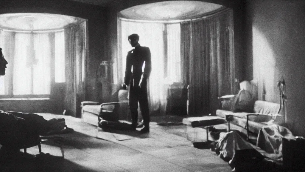 Image similar to an mri image of james cavell in the living room, film still from the movie directed by denis villeneuve with art direction by salvador dali, wide lens