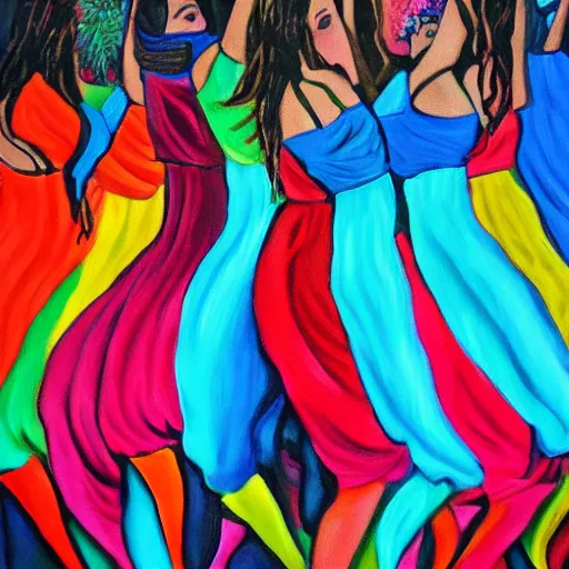 Image similar to painting people dancing wrapped up in ribbons of color