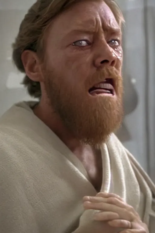 Image similar to Obi-Wan crying with a look of anguish on the toilet after realising there's no more toilet paper