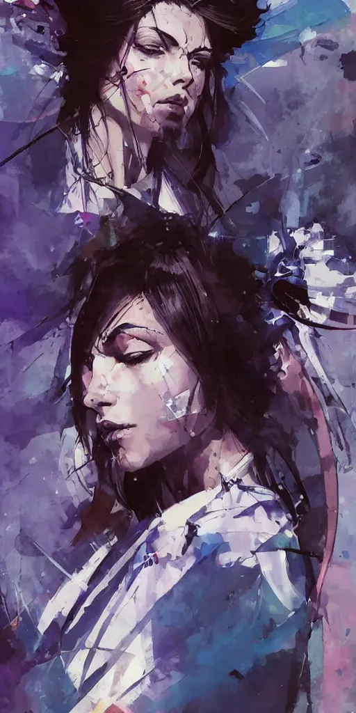 Image similar to a beautiful side portrait painting of an angelical nurse. she has a purple cross in her forehead. looks like an angel. art by yoji shinkawa and sandra chevrier, trending on artstation, award - winning, perfect composition.