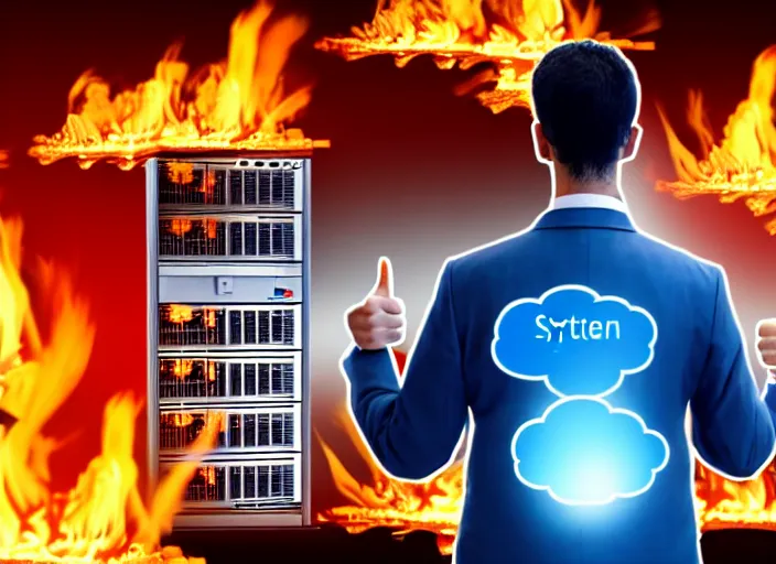 Image similar to A photo of a system administrator doing a thumb up to the camera in front on burning servers, servers in flames in the background, happy system administrator doing a thumb up, uncropped, full body