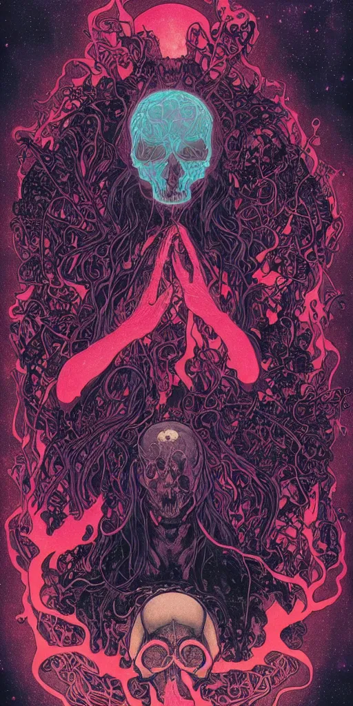 Image similar to intense glowing black metal pagan god with spider eyes and spider legs with a skull in very dark cosmic nebula by josan gonzales and moebius and alphonse mucha, portrait, light beams, lens flare, studio muti, malika favre, rhads, makoto, black and red and teal