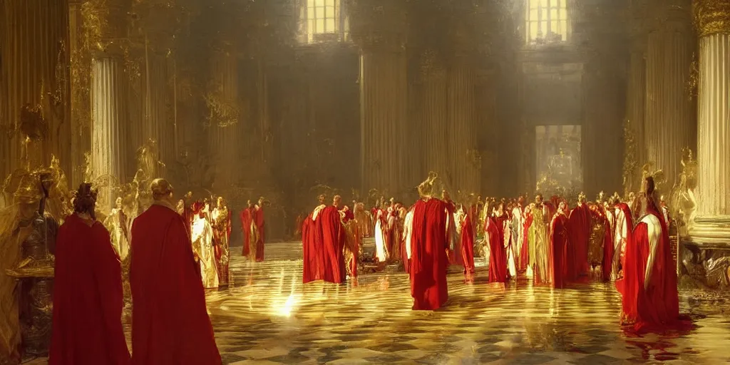 Image similar to beautiful oil painting, steve buscemi in royal crimson robes enthroned as the god emperor of ancient rome surrounded by servants in gilded halls a golden wreath upon his head, by anders zorn, wonderful masterpiece by greg rutkowski, beautiful cinematic light, american romanticism, by thomas lawrence, greg rutkowski