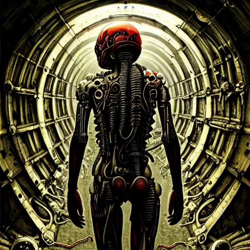 Image similar to ultra realist intricate detailed horror painting of a single rugged cyborg male in alien tunnel, cyborg tech on body and legs, accurate features, cyberpunk, industrial, apocalyptic, very intricate details, focus, high resolution, 8 k resolution, dramatic lighting, artstyle zdzisław beksinski, award winning