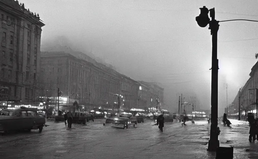 Image similar to 40s historic footage of a sovietic street with pedestrians, aerial view , aerial view Cinestill 800t 18mm, heavy grainy picture, very detailed, high quality, 4k panoramic, billboards and streetlight at night, rain, mud, foggy