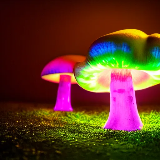Prompt: ultraviolet - induced visible fluorescence of one layered fancy mushroom at night, low saturation, pale blue and pink, photographed by craig burrows, behance hd,