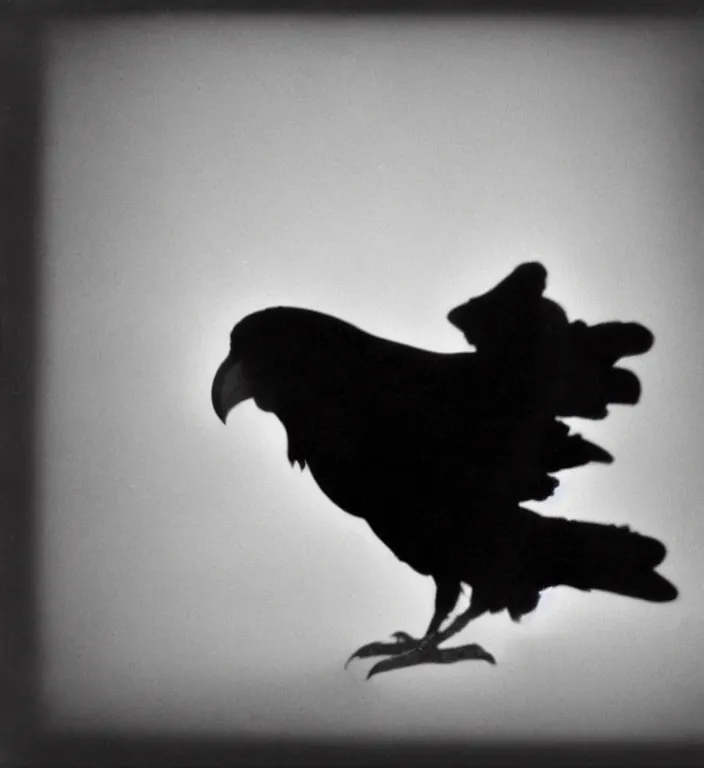 Prompt: wide angle, dark old polaroid of a ethereal raven bird, being illuminated by few sun rays, black and white