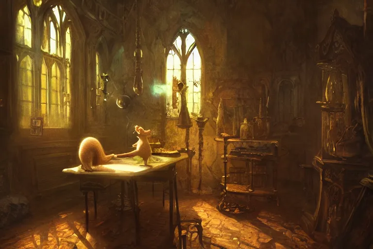 Image similar to A mouse in a Gothic atelier, oil painting, detailed, colorful, glowing lighting, 4k, depth of field, in the style of Yanjung Chen and Tom Bagshaw,