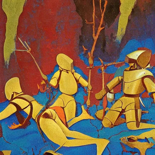 Prompt: a naturalist vintage painting of shining metal medieval armors soldiers lying on the ground by nicholas roerich by gustave moreau, by eyvind earle by bruce pennington by georgia o keeffe, blood, skin reflective metallic