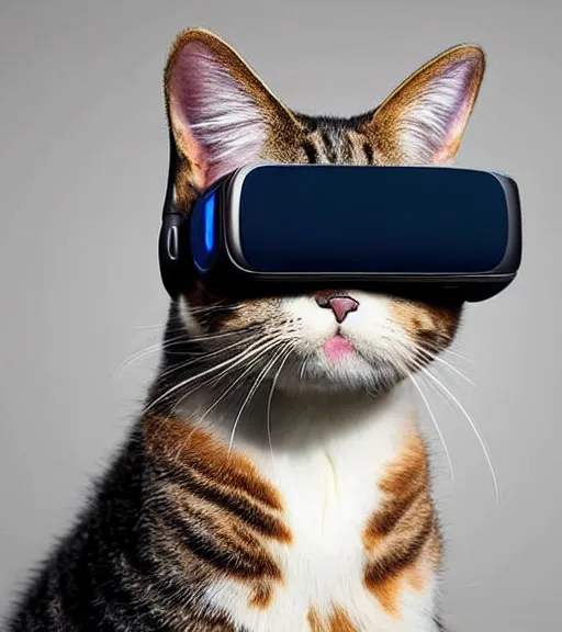 Prompt: a 4 k photorealistic photo of a cat wearing a vr headset on its head