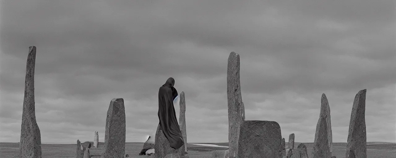 Image similar to The grim reaper stands large in front of neolithic standing stones of stenness, by studio Ghibli