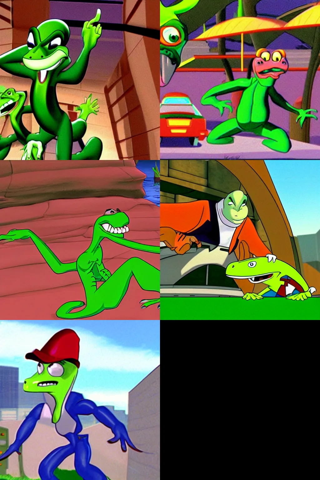 Prompt: a still from 1 9 9 8's gex the animated series