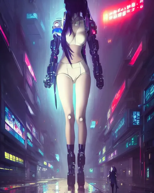 Image similar to Beautiful full body portrait of beautiful cyberpunk anime woman by Greg Rutkowski and Krenz Cushart and Pan_Ren_Wei and Hongkun_st and Bo Chen and Enze Fu and WLOP and Alex Chow, Madhouse Inc., anime style, crepuscular rays, set in rainy futuristic cyberpunk Tokyo street, dapped light, dark fantasy, feminine figure, smooth skin, gorgeous, pretty face, beautiful fashion model body, high detail, hyper realistic, cgsociety, trending on artstation