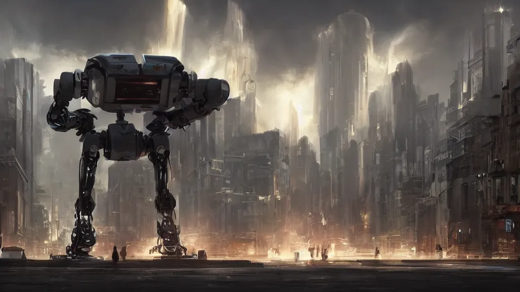 Prompt: Amazing photorealistic digital concept art of a guardian robot in a futurstic city, by James Clyne and Joseph Cross. Cinematic. LED lighting. A massive explosion. Wide angle. Clean lines. Balanced composition.