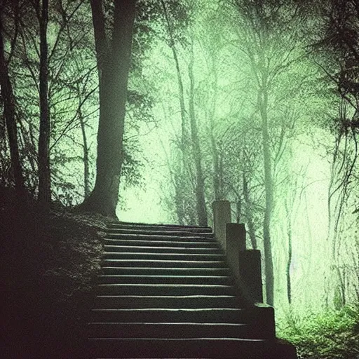 Prompt: “staircase in the middle of the woods, creepy lighting, liminal, photorealistic”