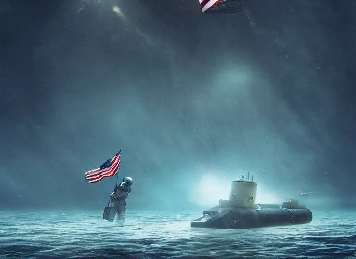 Image similar to astronaut holding a flag in an underwater desert. a submarine is visible in the distance. dark, concept art, cinematic, dramatic, atmospheric, 8 k, trending on artstation, blue, fish, low visibility, fog, ocean floor, christopher nolan, interstellar