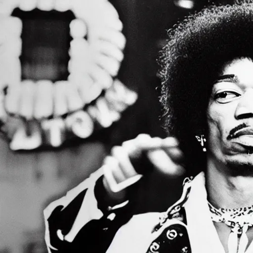Prompt: Jimi Hendrix advertising car insurance.